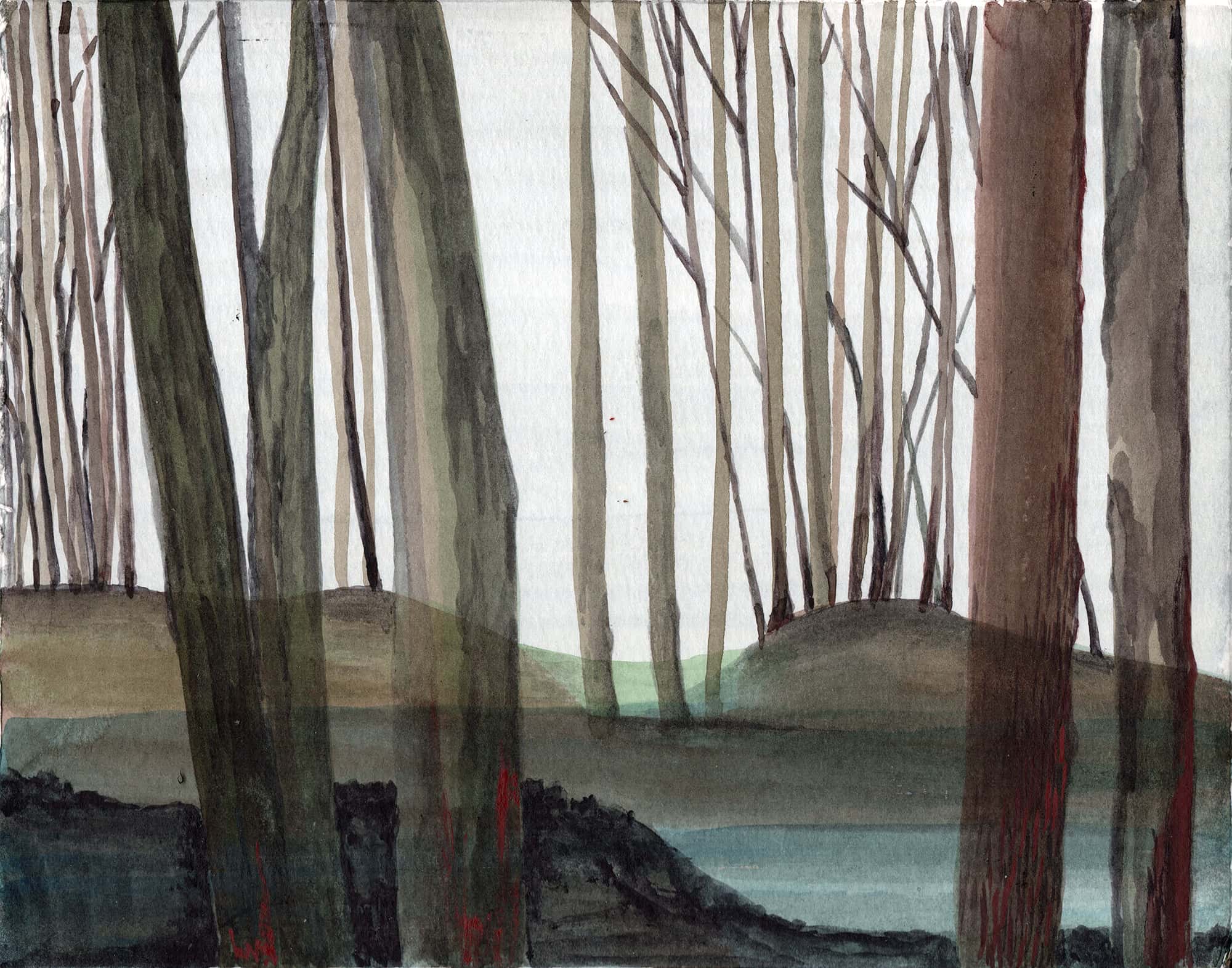 Dunkle Stämme am Wasser